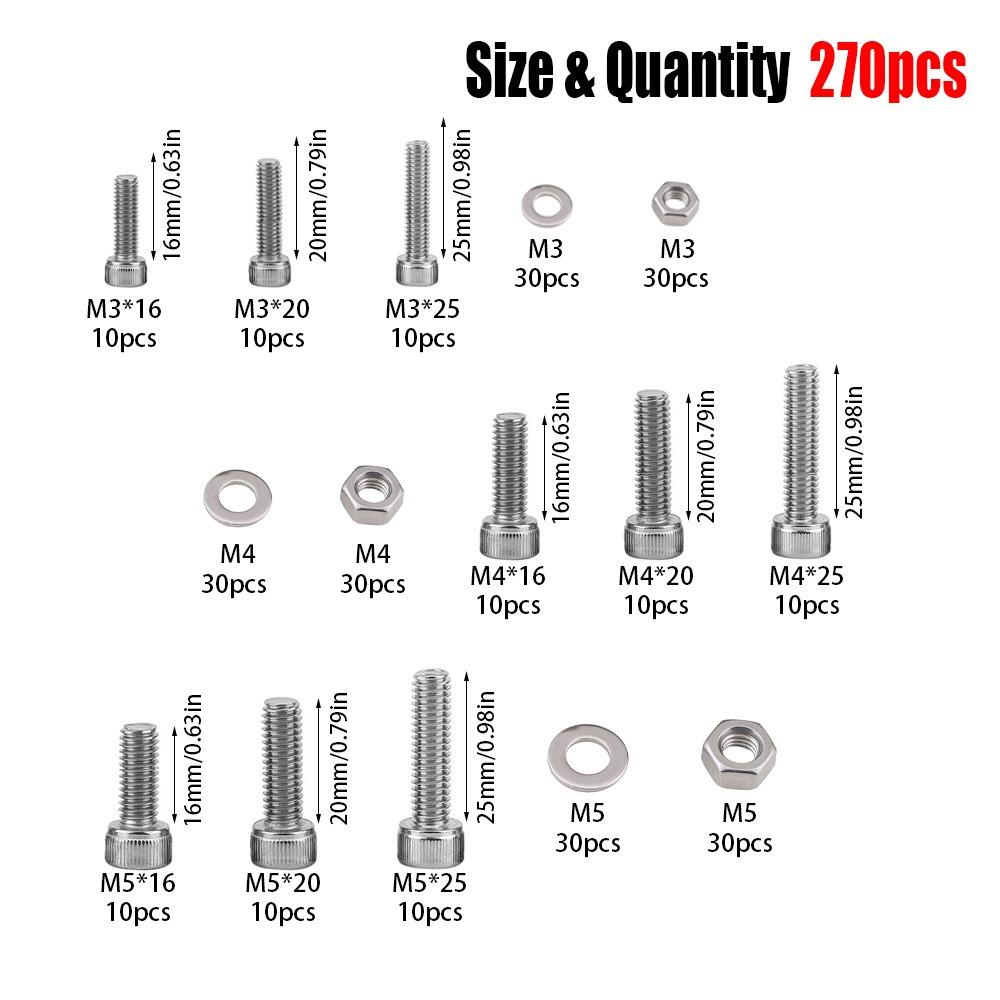 270-piece stainless steel hex bolt, nut, and washer set, M3, M4, and M5, available in lengths of 16mm, 20mm, and 25mm.