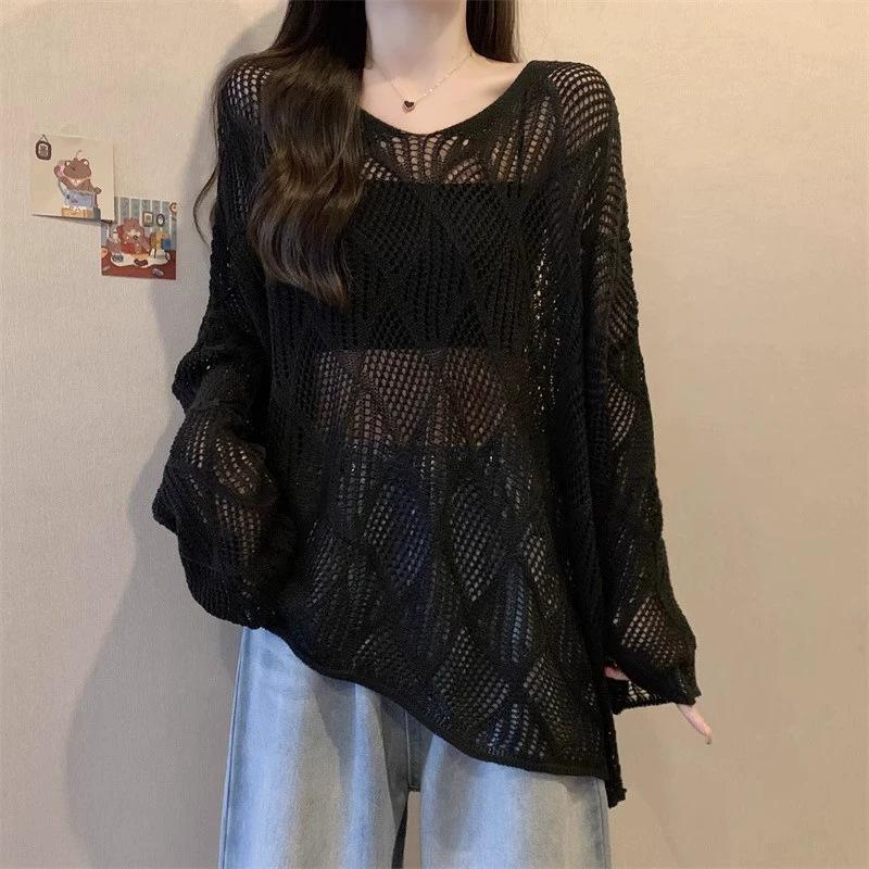 

Ромбовидный ленивый трикотажный свитер с V-образным вырезом и длинными рукавами, женская весенне-летняя блузка с неровным краем и солнцезащитой, трикотажный топ average size 54-132 чёрный