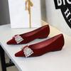 3cm Single Shoes For Women Velvet Rhinestone Bow Heel Women Shoes Temperament Pointed Tip Banquet Low-Riding Shoes Zapatos Mujer