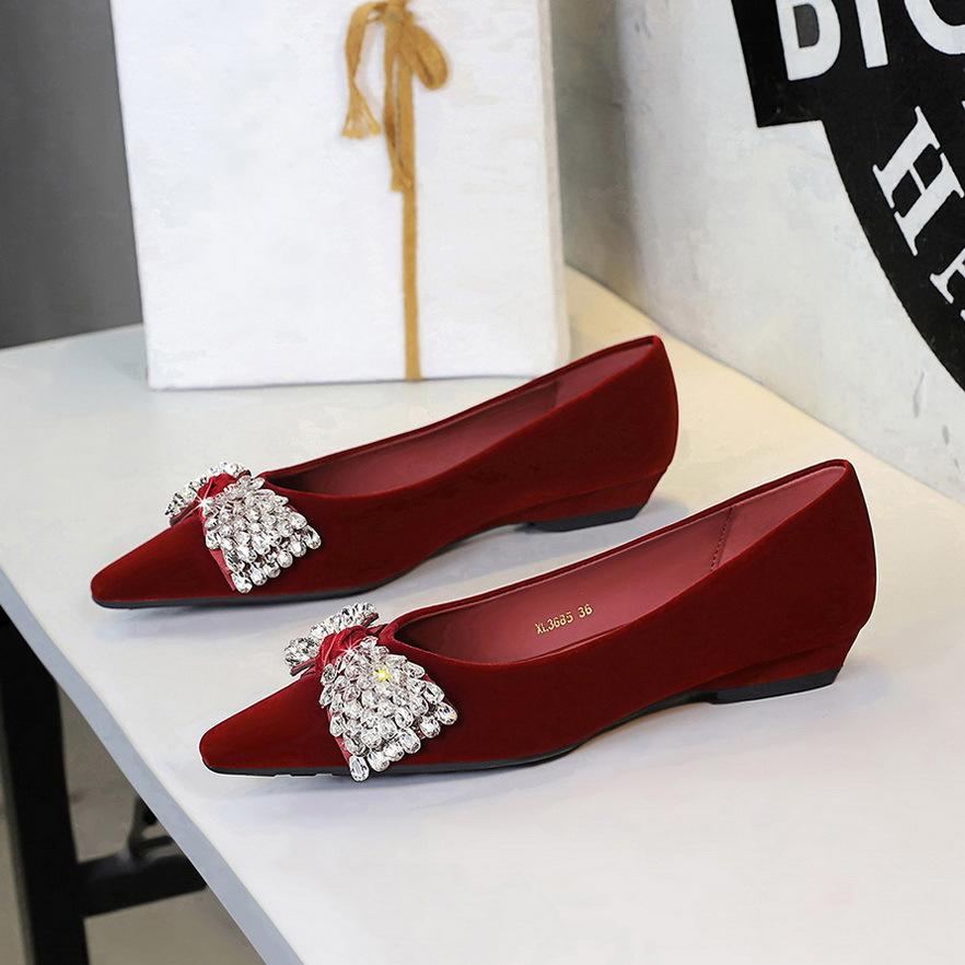 3cm Single Shoes For Women Velvet Rhinestone Bow Heel Women Shoes Temperament Pointed Tip Banquet Low-Riding Shoes Zapatos Mujer