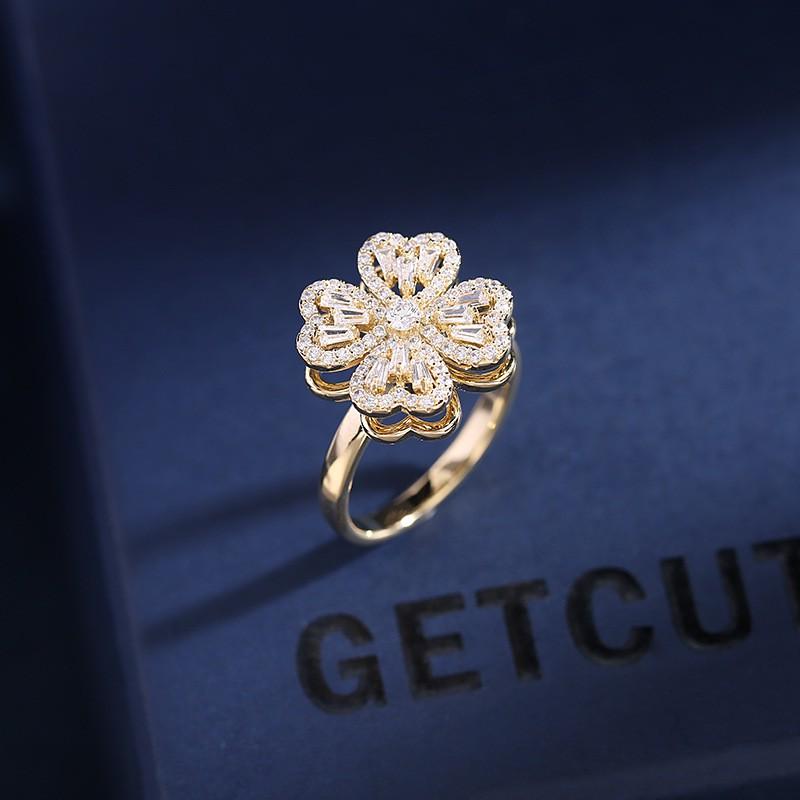 Elegant Minimalist Floral Jewelry Set Women Gold/ Tone Rotating Clover Pendant Necklace Earrings Ring Combo