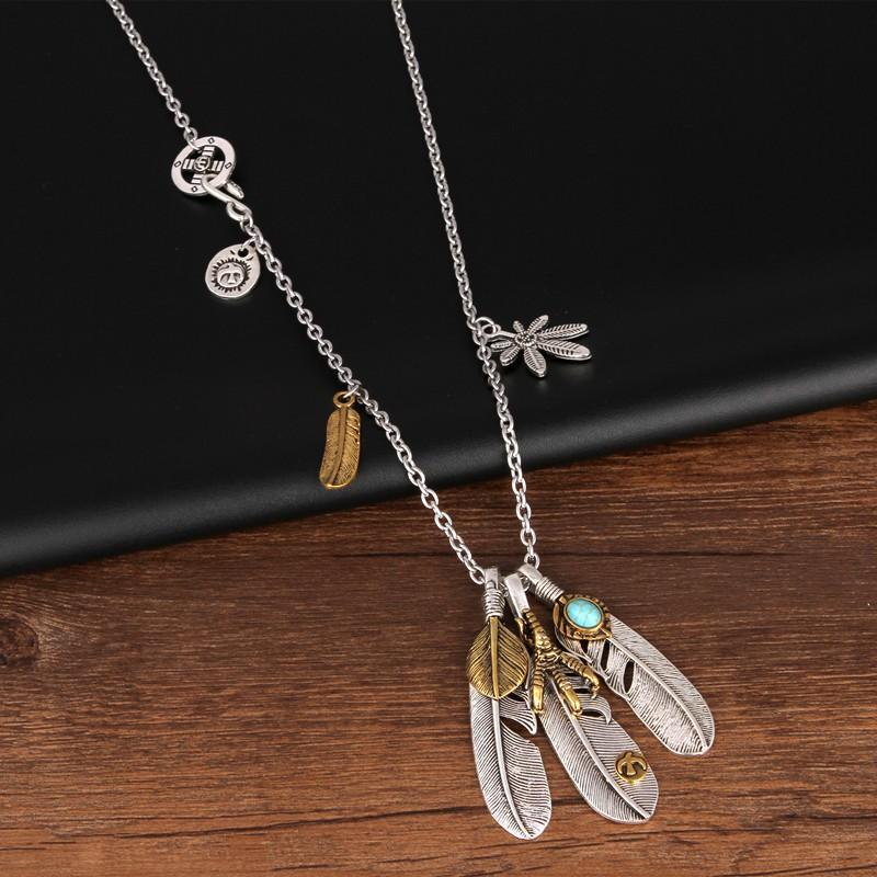 Feder Anhänger Halskette Herren Damen Legierung Kreuz Kette Boho Chic Vintage Stil Verstellbare Länge 51-80cm