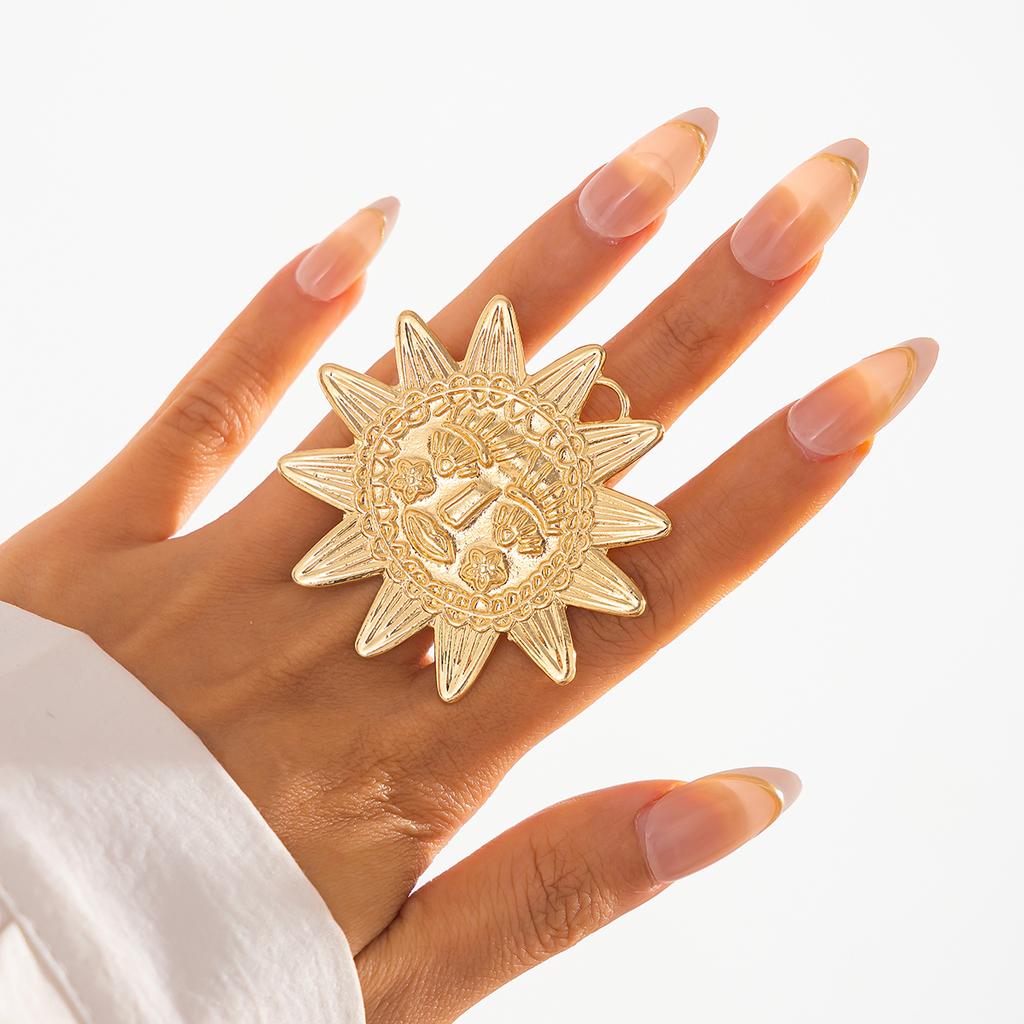 Ingemark Exaggerated Large Sunflower Round Metal Stud Earring Women 2025 Trend Punk Open Adjustable Finger Ring Jewelry Anillos