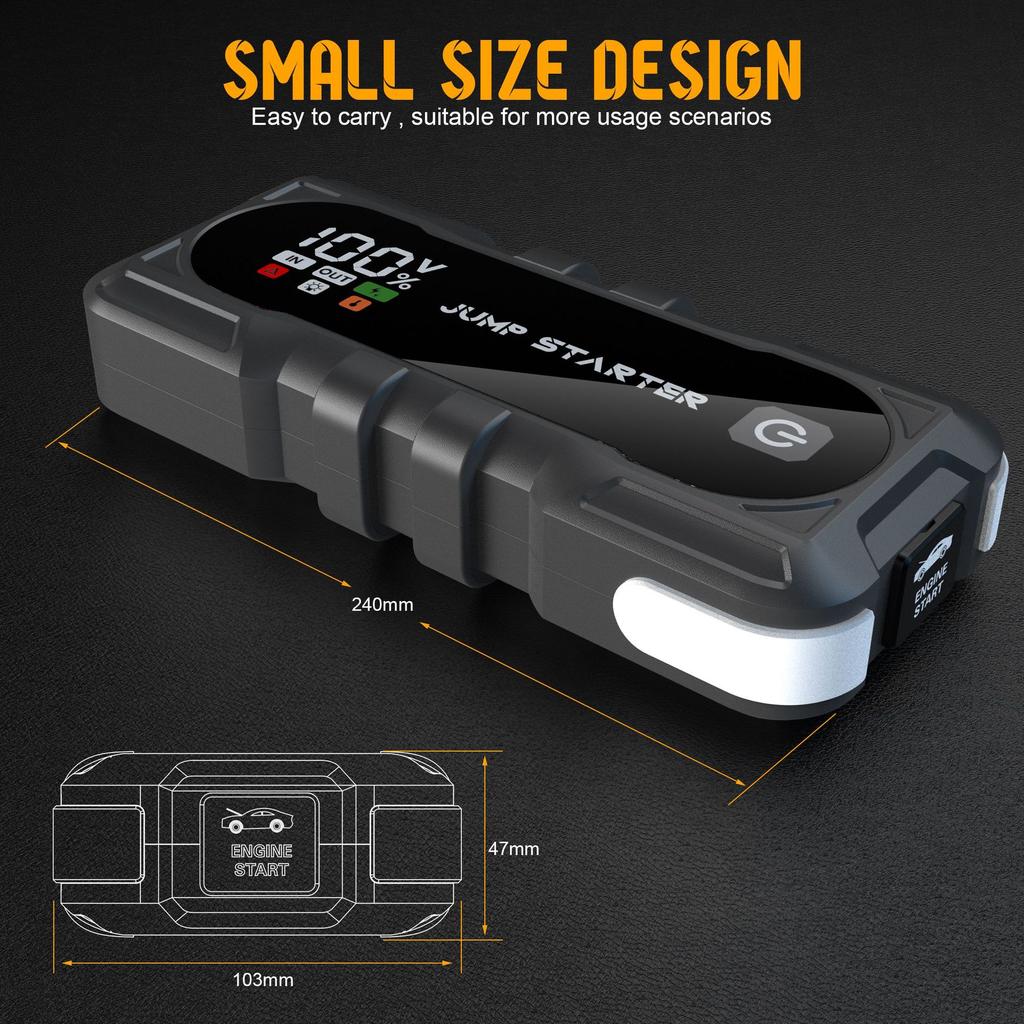 Portable Jump Starter Power Bank Fast Charging LED Light Car Battery Charger Truck & Motorcycle Peak Current 2500A
