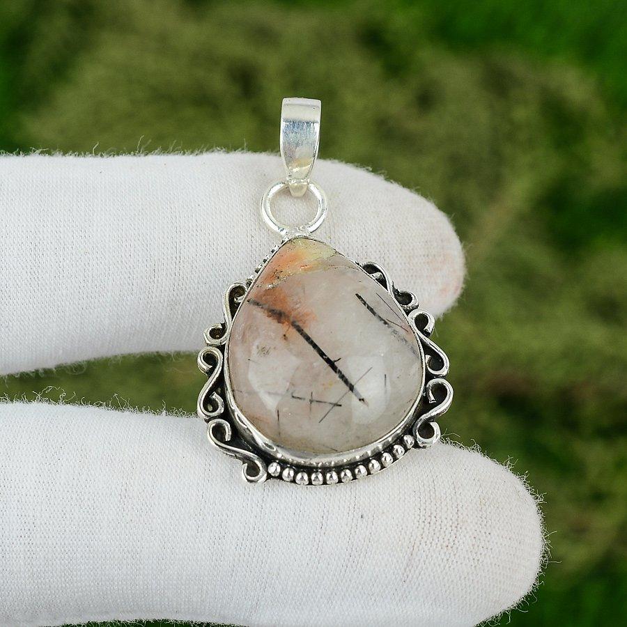 Natural Rutile Gemstone Pendant Black 925 Sterling Silver Indian Jewelry