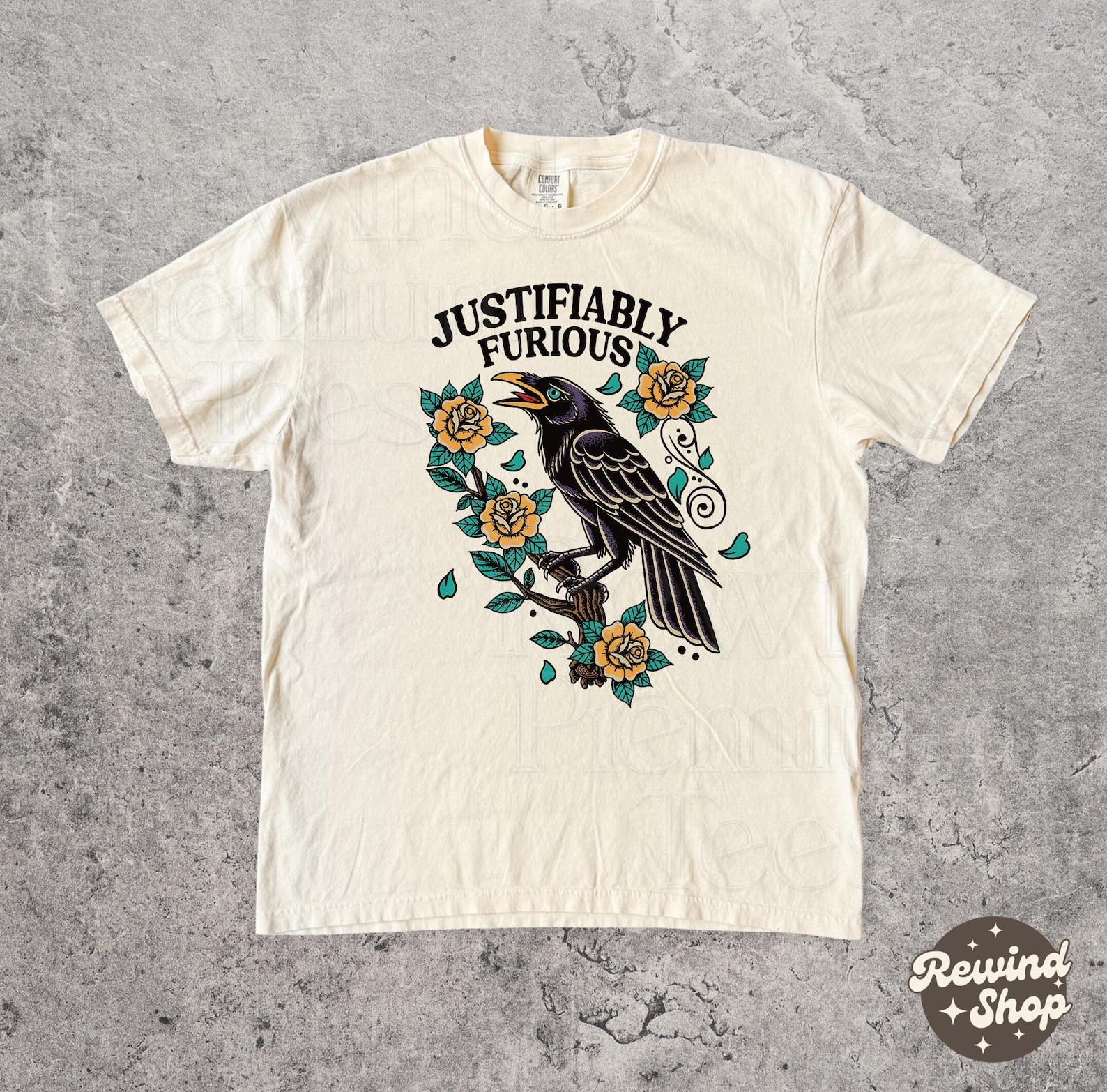 Colorful Retro Justifiably Furious Comfort Colors Tee - Protest Tshirt - Political Raven Graphic Tee M