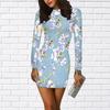 Long Sleeve Bodycon 3D Multicolored Clover Print Dress Women Mini Dresses Autumn Skinny Stretchy Party Vestidos