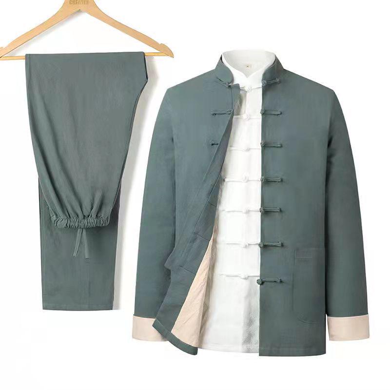 Men's Tang Suit Set: Retro Zhongshan Jacket, Chinese Style Hanfu for Middle-Aged & Elderly, Spring/Autumn Wear.