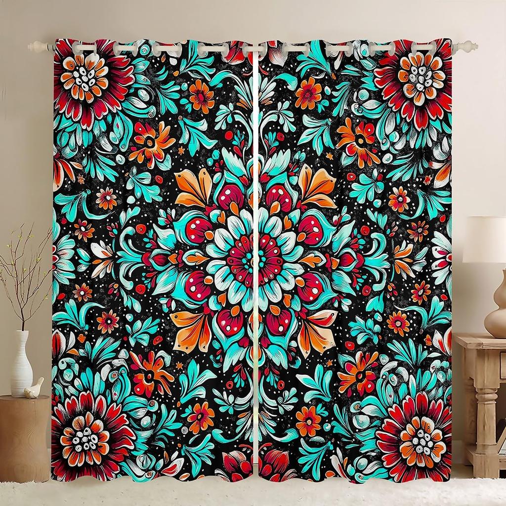 Room Darkening Mandala Curtain Vintage Tribal Exotic Floral Window Curtains Drapes Southwestern Colorful Retro Flower Bohemian Polyester Washable