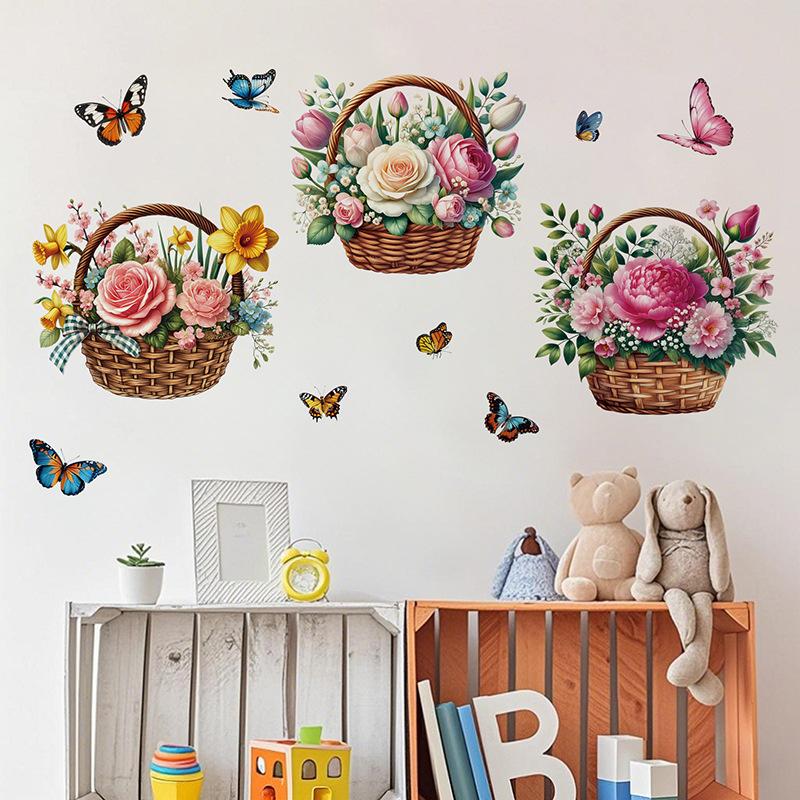 3D Wooden Barrel Wall Sticker Flower Decoration Butterfly Lavender Rose Tile Sticker Kitchen Restaurant Background Home Decor Peel and Stick