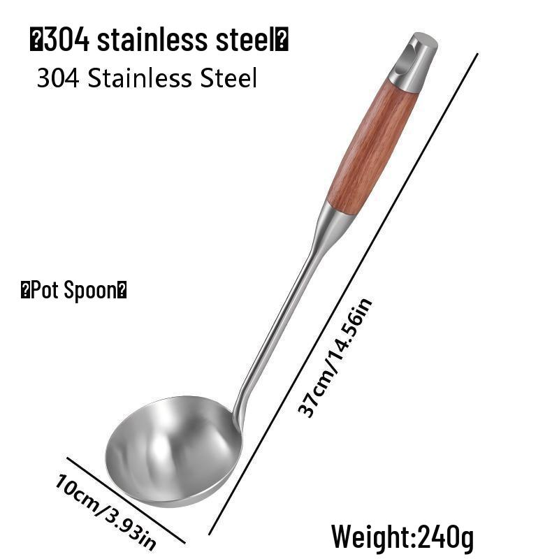 304 Stainless Steel & Wooden Handle Cookware Set: Spatula, Soup Ladle, Wok Spatula, Slotted Spoon, Iron Spatula for Stir-Fry & Frying Pan