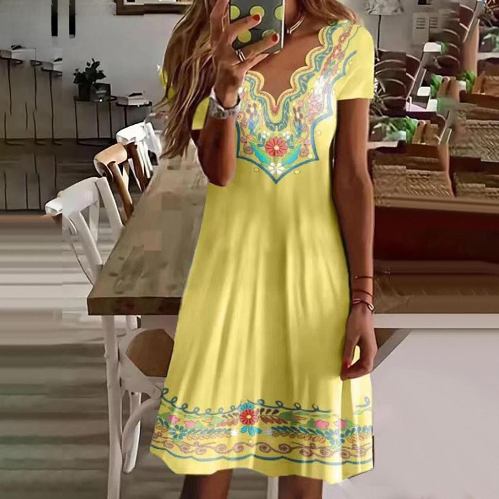 Kvinnemote Sommer Vårblomstermønster Print Kortermet V-hals Høy midje uformelle kjoler