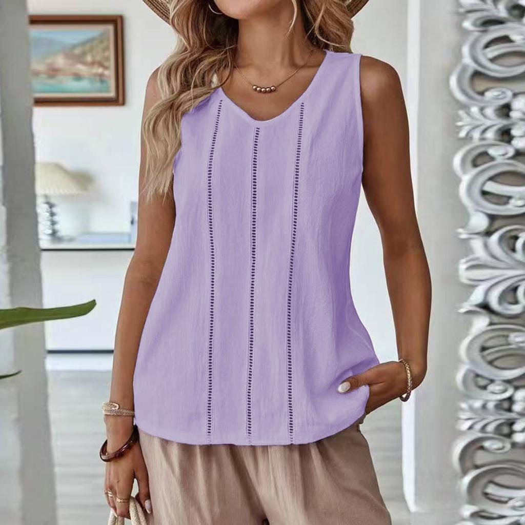 Women's Color Lace Hollow Sleeveless Cotton And Linen Casual Tank Top