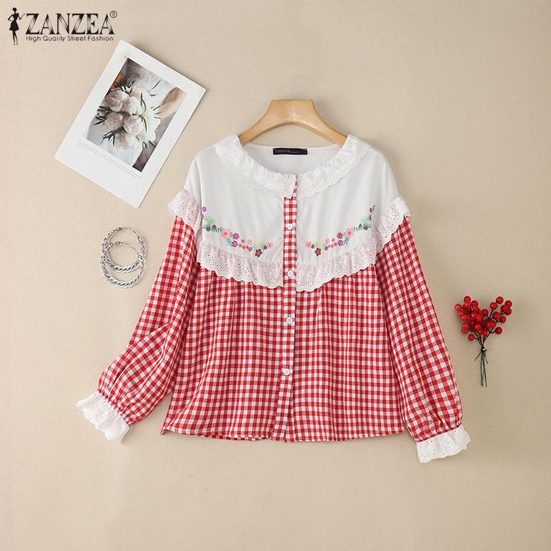 ZANZEA Women Lace Patchwork Casual Long Sleeve Grid Print Blouse
