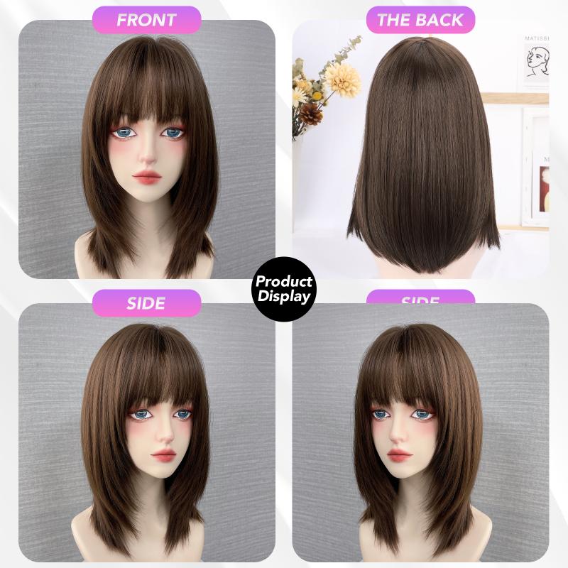 Καφέ ίσια κτυπήματα 16 ιντσών Περούκα από συνθετική περούκα Ανθεκτική στη θερμότητα χωρίς λάμψη Φυσικό κομμωτήριο Cosplay για γυναίκες Καθημερινή χρήση Κορεατική μόδα