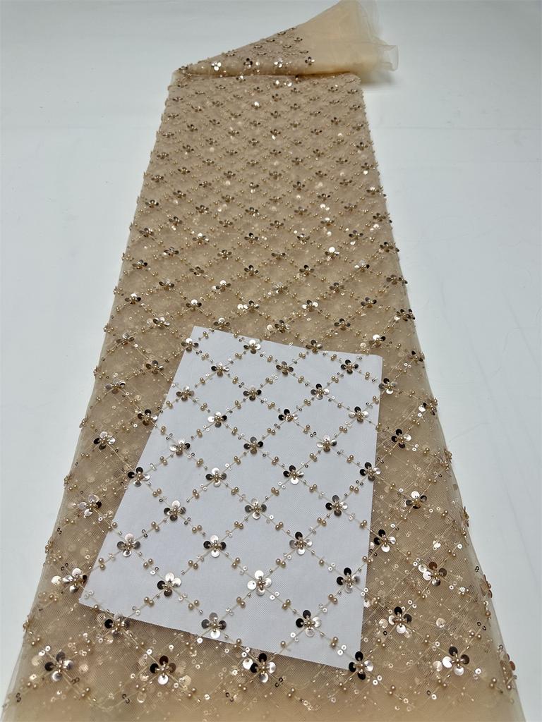 Gold African Tulle Lace Fabric 2025 French Net Sequins Fabric Sewing Embroidery With Beads Lace Tulle Mesh Nigeria Dress 5 Yards