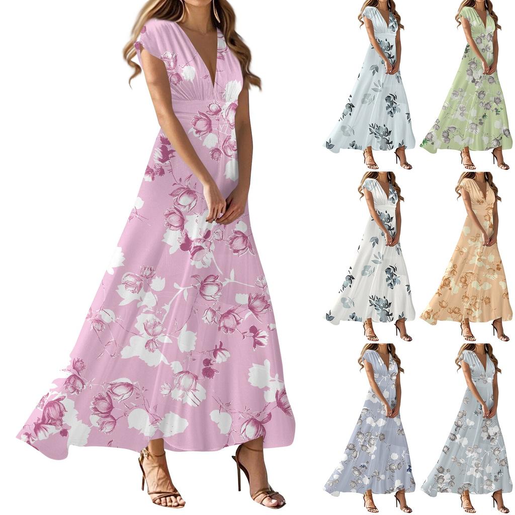 Boho Dress For Women Casual Loose Fit Summer Sundress Floral Print Dress With Pocket