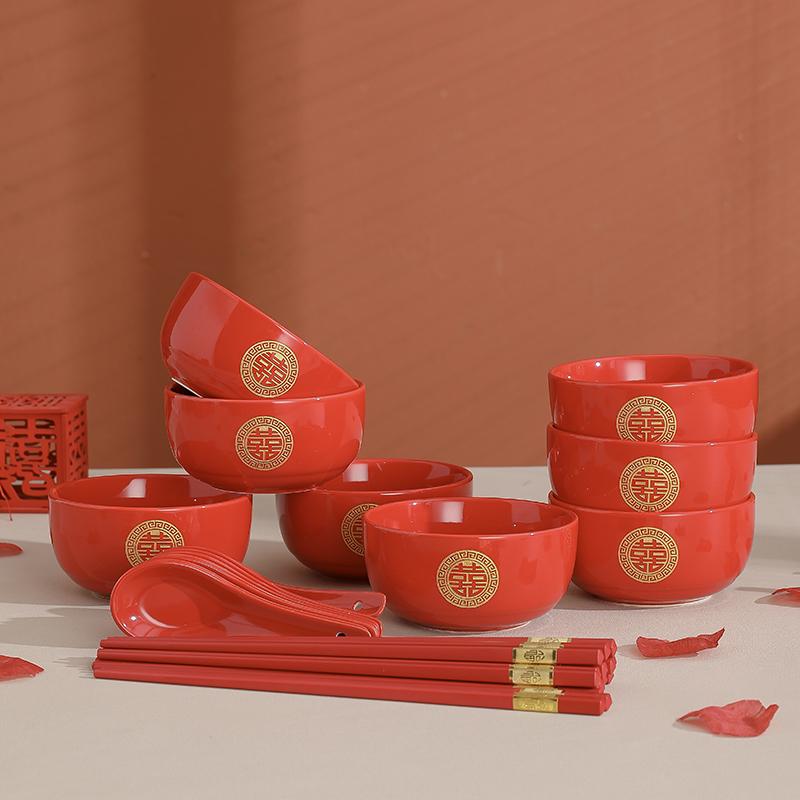 Chinese Wedding Red Bowls & Chopsticks Set: Bride Dowry Gift Pair