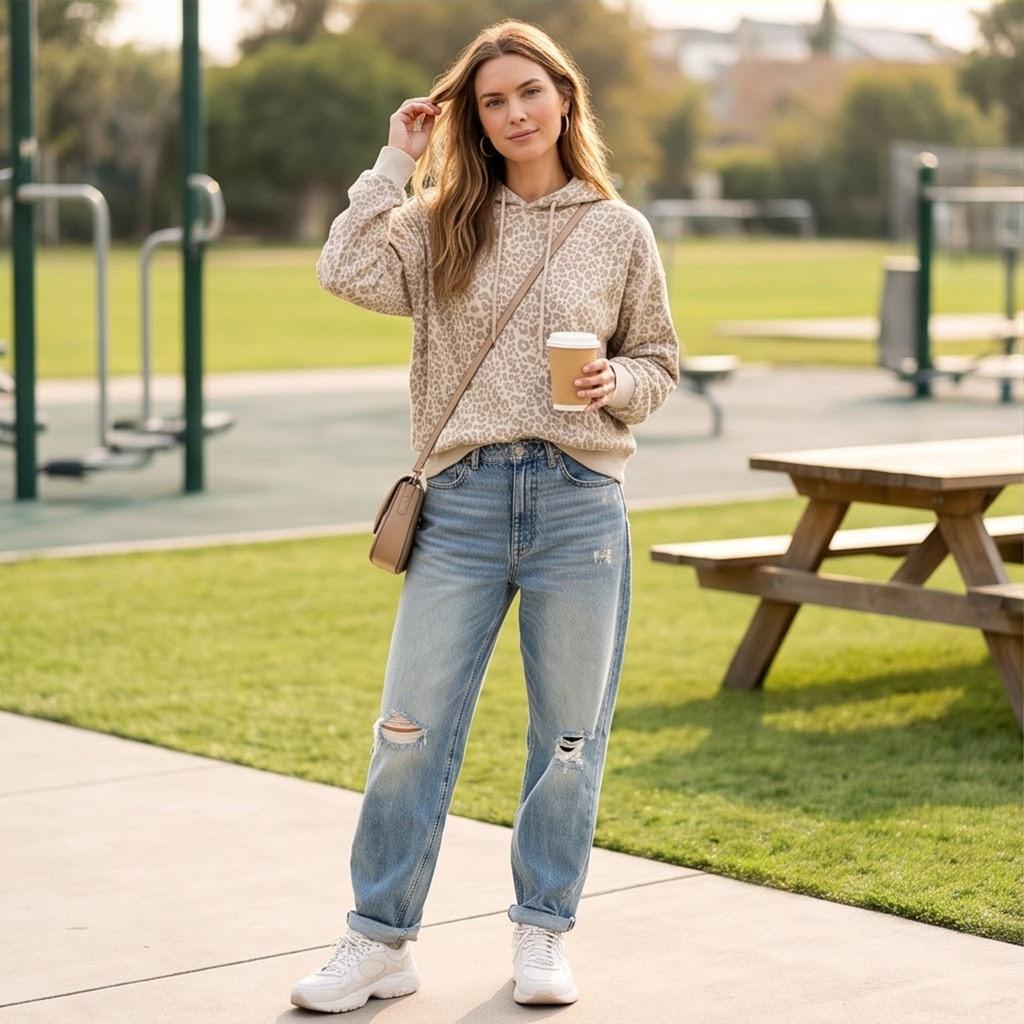 Damen Oversized Retro Kapuzenpullover mit Leopardenmuster