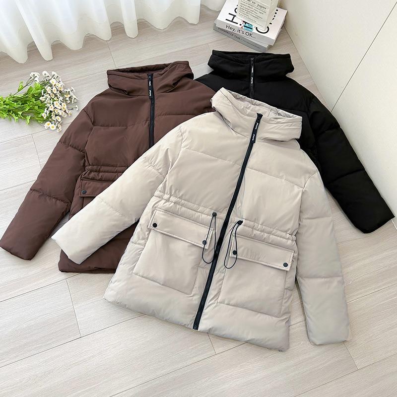 Down Cottonpadded Clothes Women's Medium and Long Winter New Tooling Cottonpadded Jackets Loose Hooded Waist Cottonpadded Clothes