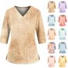 Women's V-Neck Uniform Top with Gradient Tie Print, Three Quarter Sleeve, Pockets and Side Slit