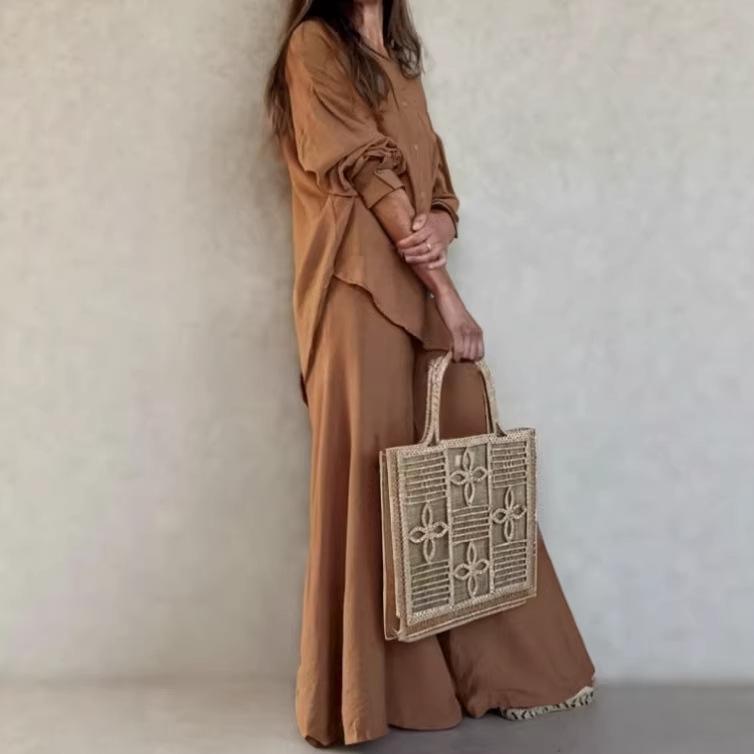 2025 European & American Casual Autumn/Winter Breathable Shirt & Loose Wide-Leg Pants Set