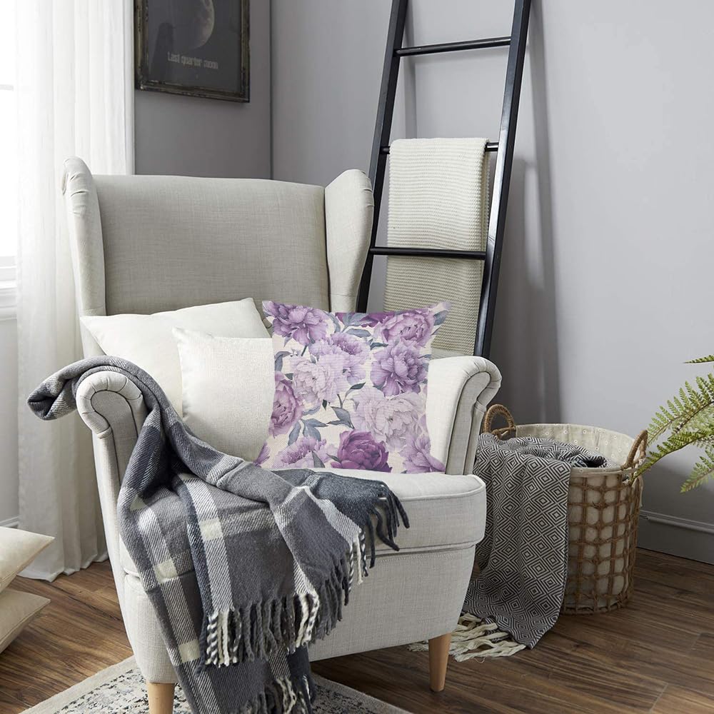 Housse de coussin florale Pivoine Violette Impression Pivoines Lavande Aquarelle Housse de coussin pour canapé lit canapé Décoration d'intérieur romantique Boho