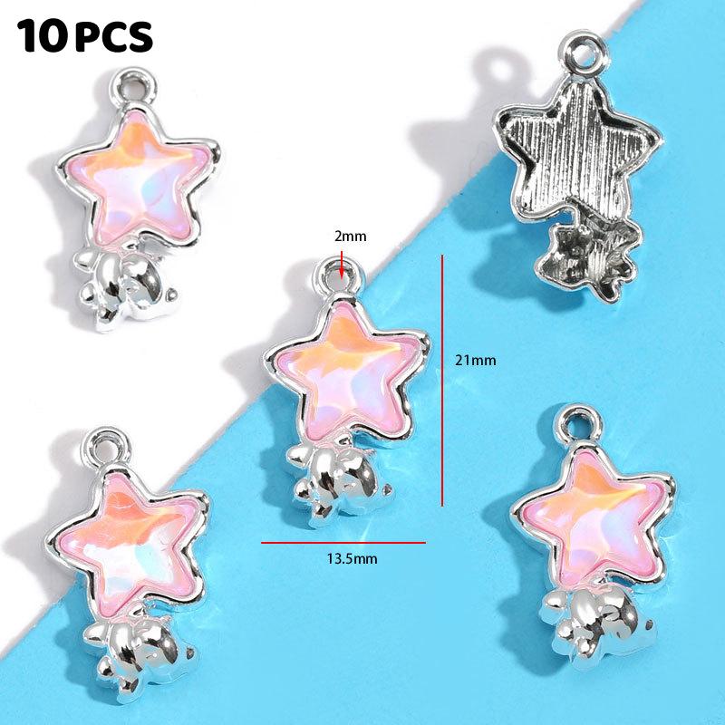 10Pcs Alloy Mixed Style, Inlaid Pink Resin Star And Moon Pendant, Diy Necklace, Bracelet Accessory
