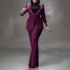 Costum european și american cu perle, slim fit, elastic - Set din două piese, cu mânecă lungă