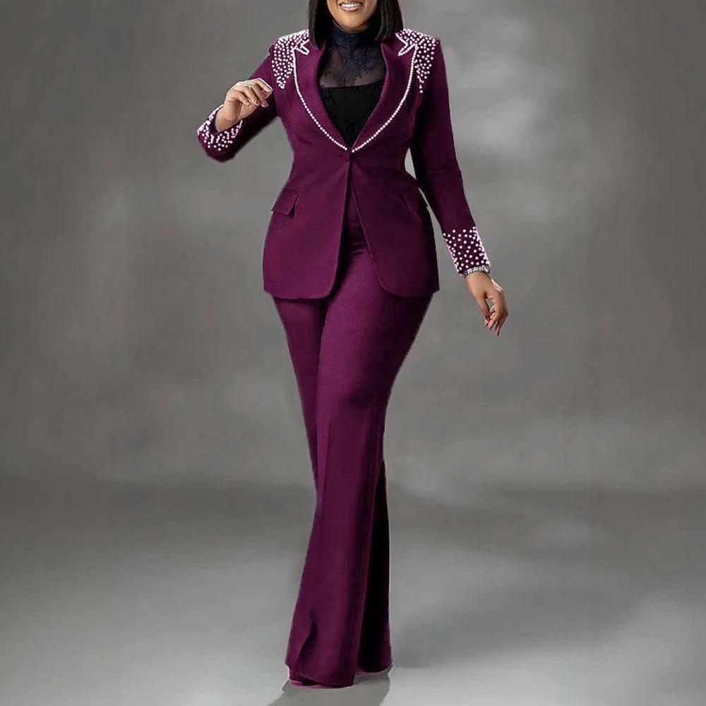 Costum european și american cu perle, slim fit, elastic - Set din două piese, cu mânecă lungă