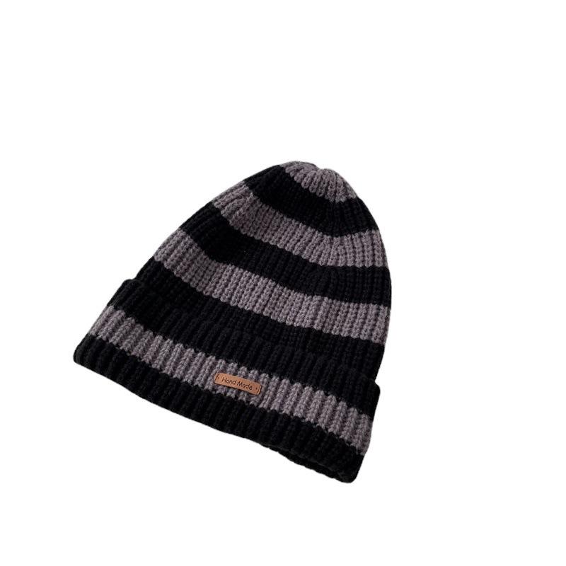 Winter Warm Woolen Women's Slouchy Hat: Thickened Korean-Style Striped Knit for Large Heads, Slimming Effect