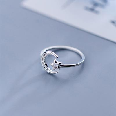 Anello regolabile con stella lunare in vero argento sterling 925, zircone lucido, per donne affascinanti, regalo di gioielli raffinati e romantici per matrimonio