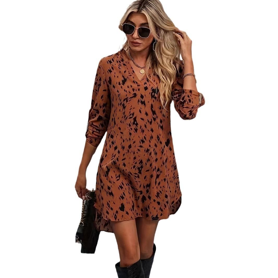Women s V Neck Leopard Print Long Sleeve Irregular Hem Loose Casual Mini Dress S коричневый