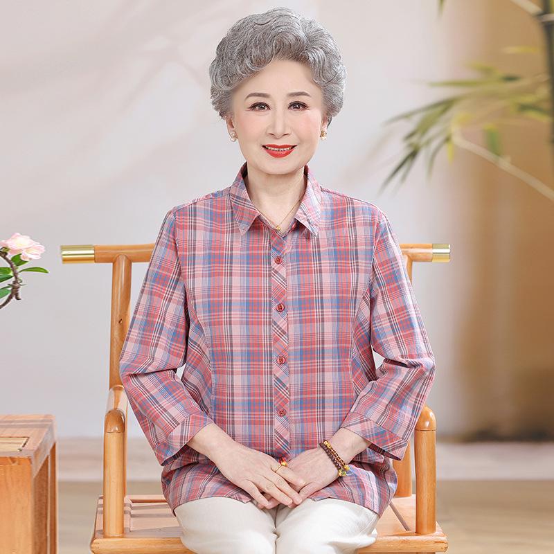 Mid-Length Pure Cotton Shirt for Elderly Women - Three-Quarter Sleeve Top for Spring/Summer