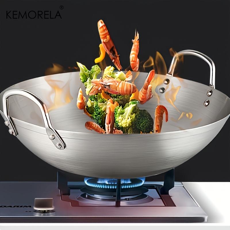 1 Stück Edelstahl-Wok Unbeschichtet 26/28/30/32/34cm Hohe Qualität Doppelgriff Kochpfanne Geeignet für Zuhause Rindfleisch Gebraten Kochen