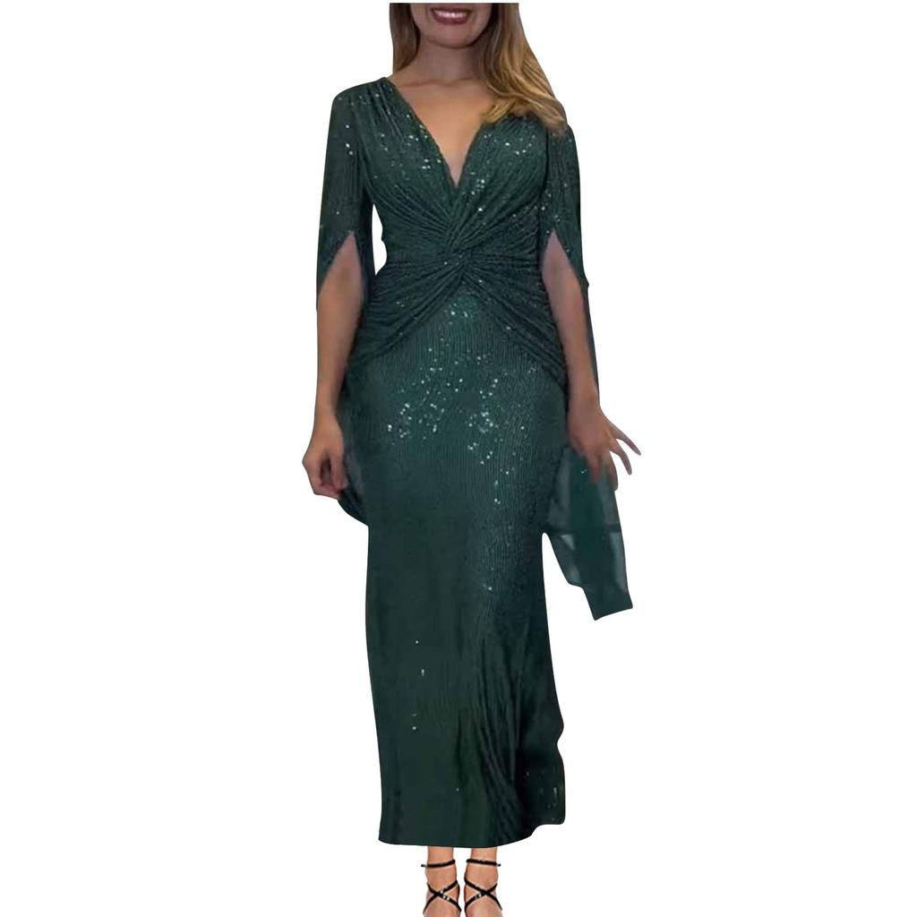 Women's Fashionable Color V Neck Sequin Sexy Evening Dress Party Long Dress