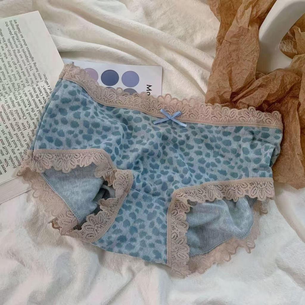 Pure Cotton Women's Leopard Print Lace Bow Mid-Waist Panties - Breathable Triangle Underwear 2025
