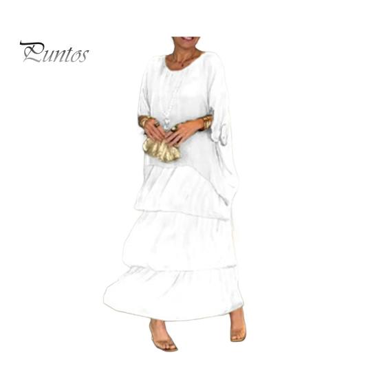 Evenig Dress Layered Scattered Cake Hem Half Sleeves Maxi Dress Bat Sleeves Baggy Round Neck Chiffon Dress for Party Prom