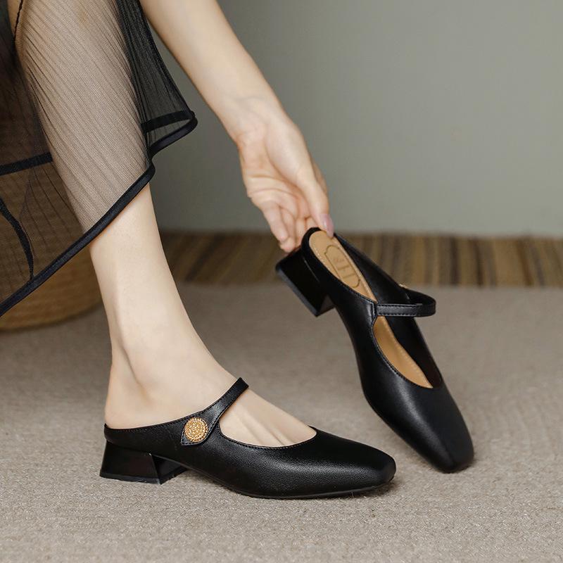 Genuine Leather Women's Chunky Heel Pointed Toe Slippers - Versatile French Style for Spring/Summer