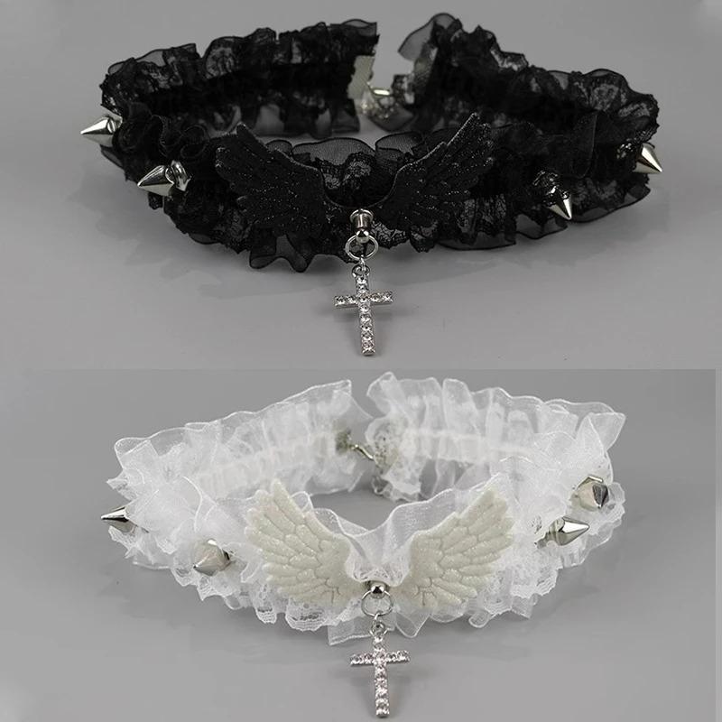 Punk Solid Women Girls Y2K Necklace Wide Lace Rivets Choker Angel Wings Cool Leather Necklace Daily Wear