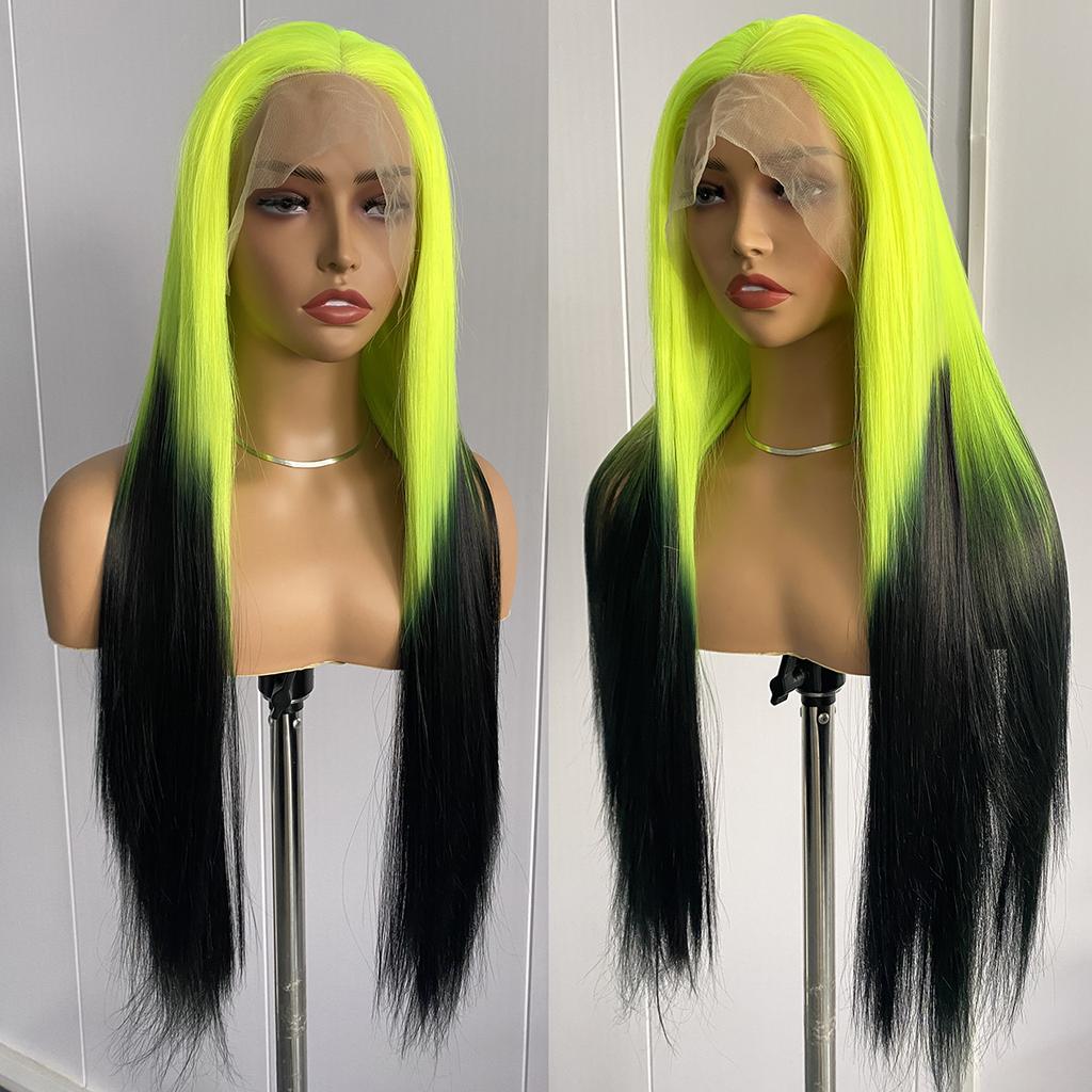 AIMEYA Ombre Pink Synthetic Lace Front Wigs for Women 13x4 Platinum Blonde Roots Pink Wig Long Silky Straight Colorful Wigs