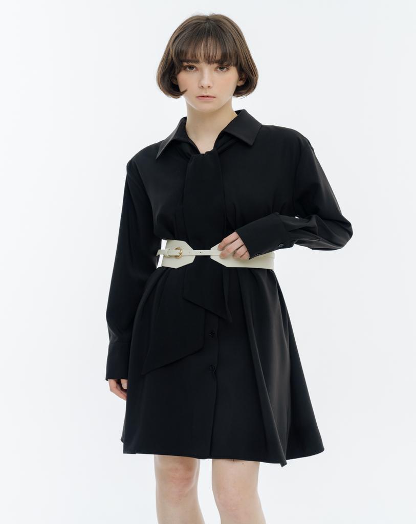 ISH Classic V-Neck Back Pleated Shirt Dress (Black)