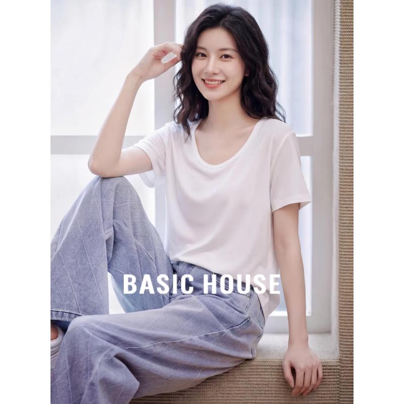 Basic House Women s U-Neck Tencel Linen Blend Short Sleeve Tee M