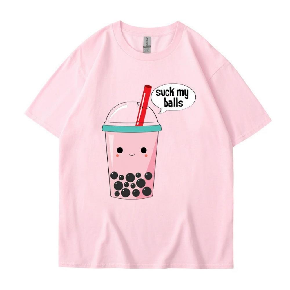Cute Summer New Cotton Harajuku Unisexs Wounisex Top Fashion Short Sleeve Tshirt Cartoon Milk Tea Print Tops