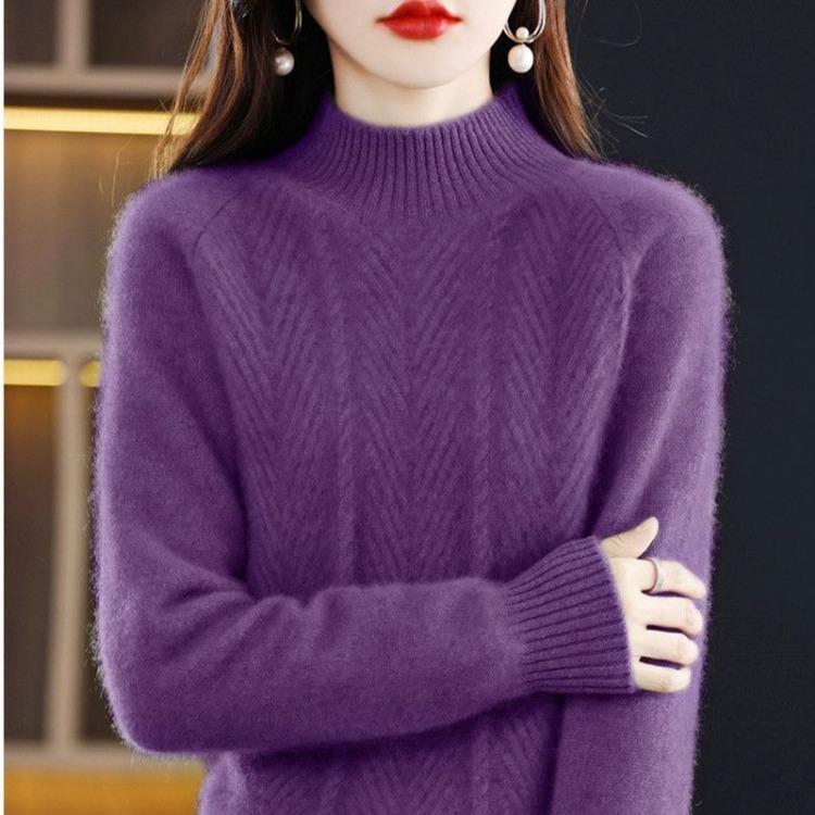 Women Casual Long Sleeve Knitted Pullover Sweater Solid Half High Collar Winter Autumn Top