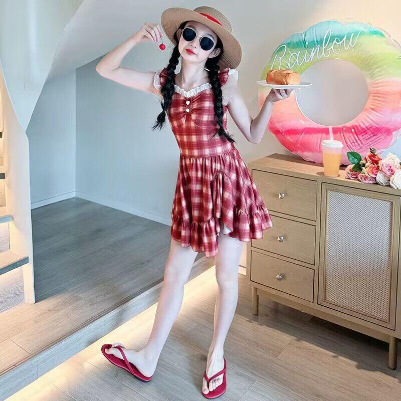 Girls Sleeveless Plaid Princess Dress Swimsuit Summer Beach One Piece Bathing Suit For Big Kids