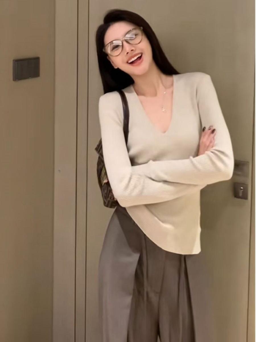 Свободный воротник вязаный свитер женский весенний новый приталенный однотонный с длинным рукавом базовый топ L