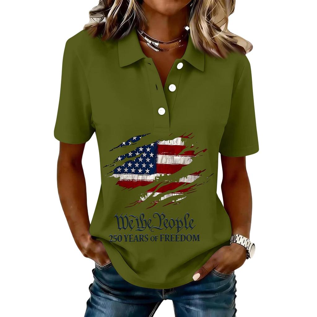 Damen Casual Knopfleiste Kurzarm Poloshirt Amerikanische Flagge Grafikdruck 250. Jahrestag Patriotisches Oberteil Leichtes Sommer-T-Shirt