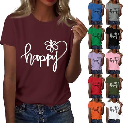 Ladies' Loose Comfortable Casual Fashionable “Happy”Character Printed Round Neck Short Sleeved Shirt