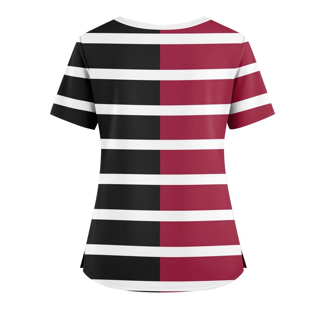 Women's Loose Short Sleeved Fashionable Stripes And Gradients Printing V-neck Buttonable Side Slit Top T-shirt